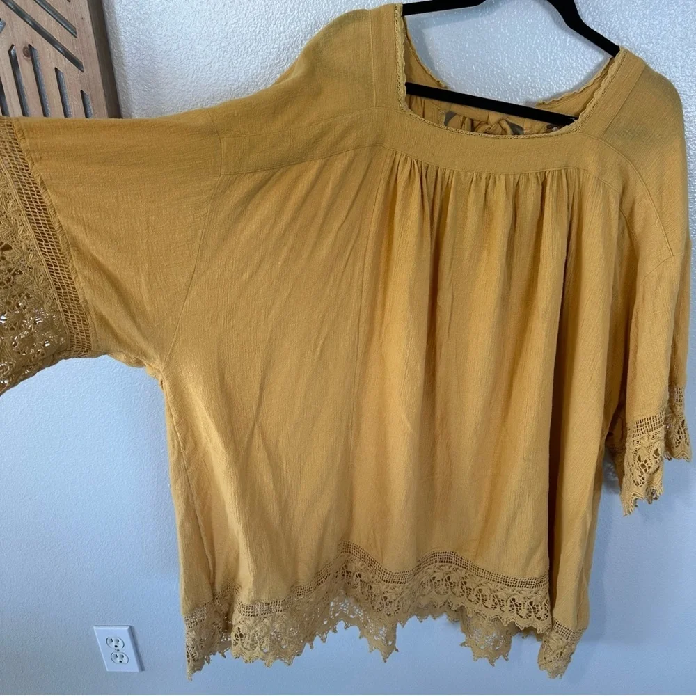 Free People Golden Yellow Oversized Crochet Trim Tie Back Tunic Dress, Large